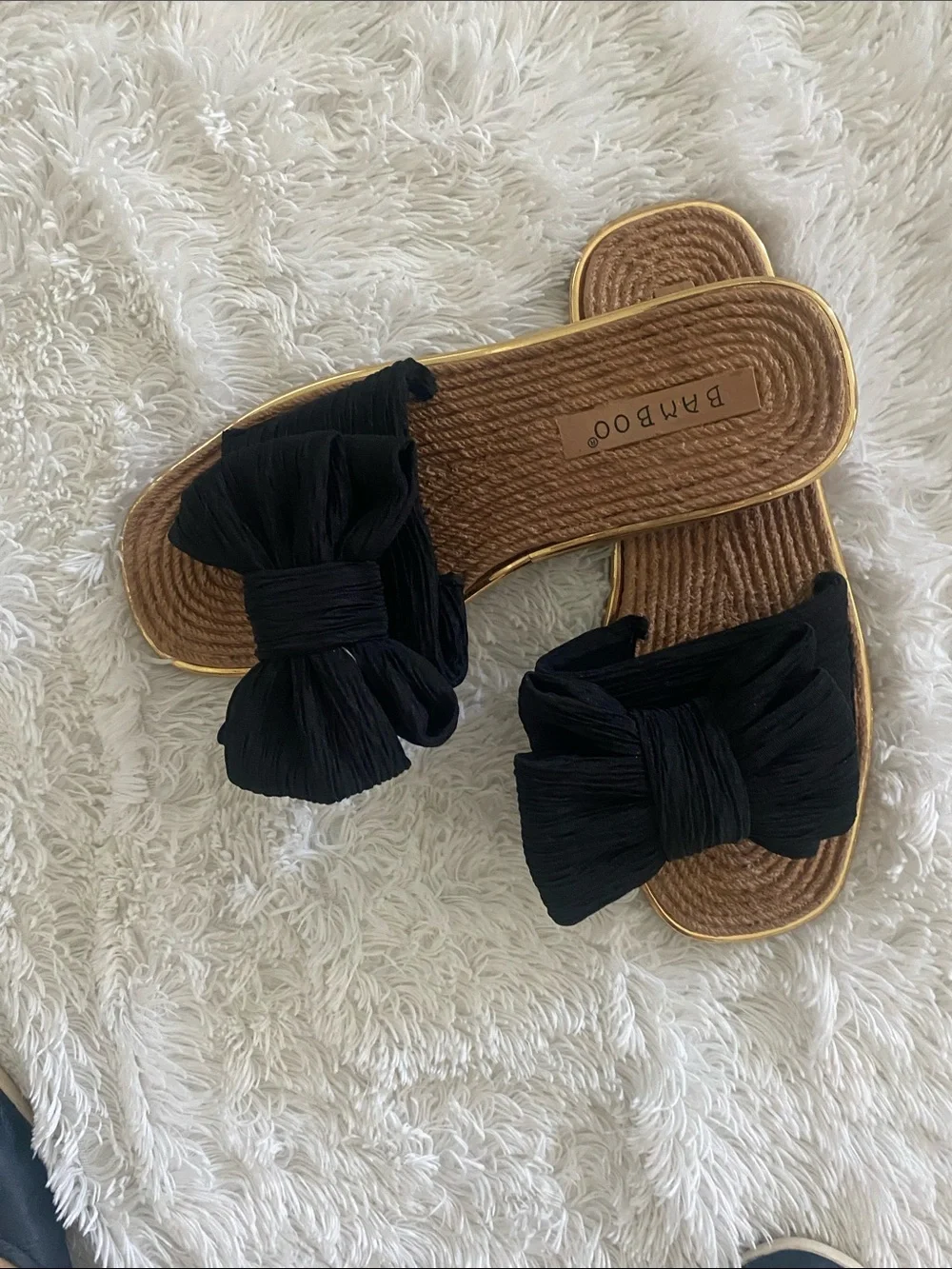 BAMBOO Black Bow Slide Sandals with Brown Footbed and Gold Trim